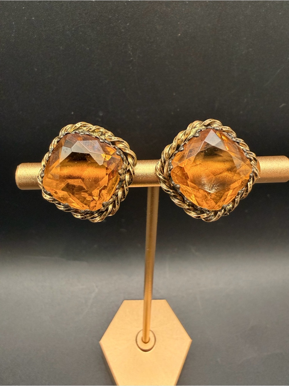 Vintage W Germany Amber Glass Earrings Large Topaz Rhinestone Gold Tone Clip On